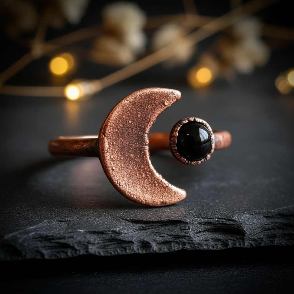 Black onyx crescent moon ring in electroformed antique copper on dark charcoal slate, hero front shot