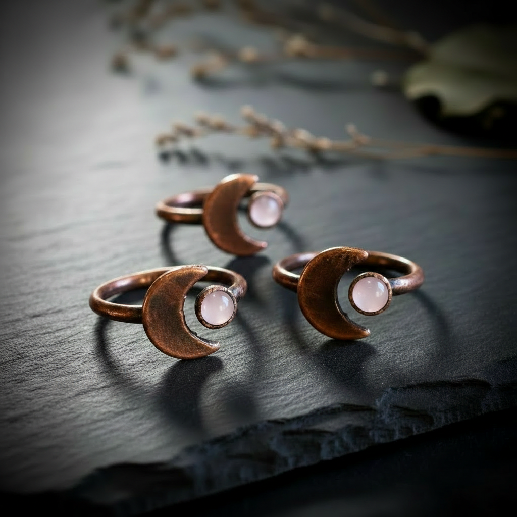 Three rose quartz crescent moon rings electroformed copper clustered on dark charcoal slate with dried botanicals