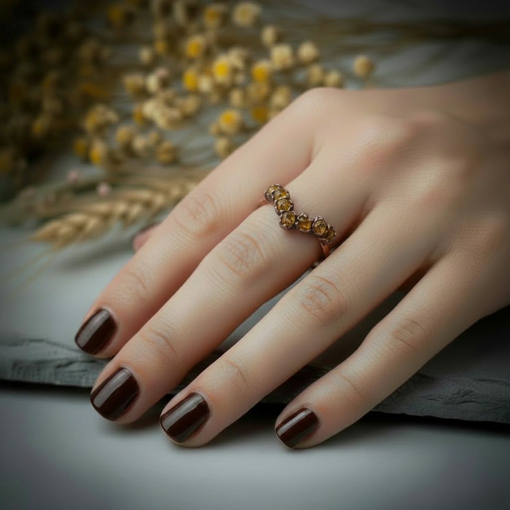 Raw citrine chevron ring hand shot showing V-shape across the finger