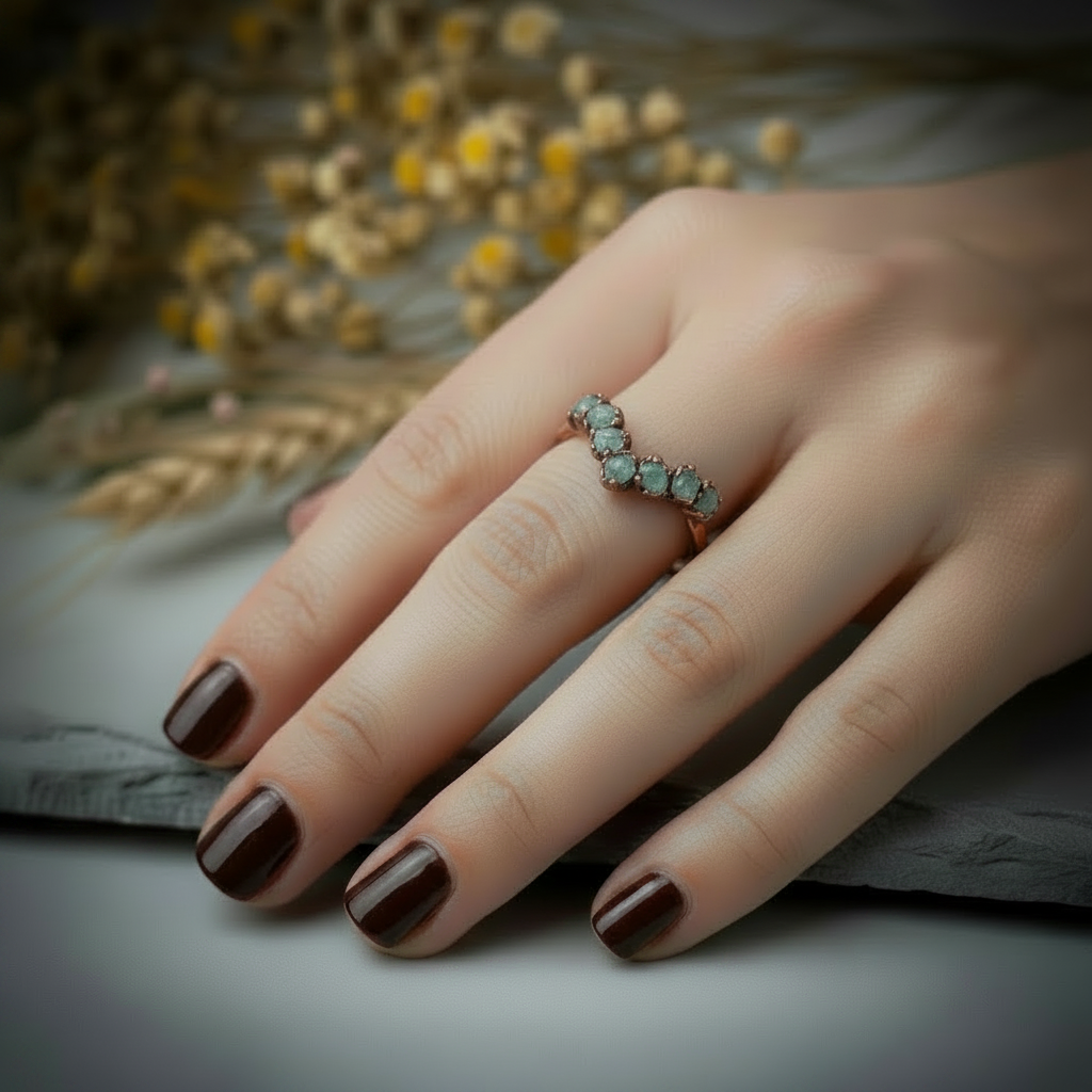 Raw clear quartz chevron ring hand shot showing V-shape across the finger
