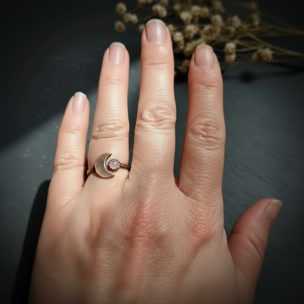 Rose quartz crescent moon ring electroformed copper hand shot on dark slate