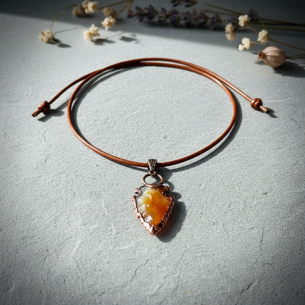 Carnelian arrowhead necklace flat lay showing full adjustable leather cord