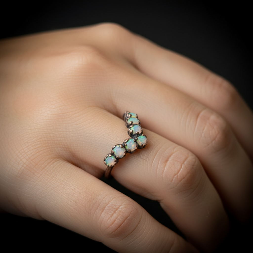 Raw Ethiopian opal chevron ring in antique copper worn on hand