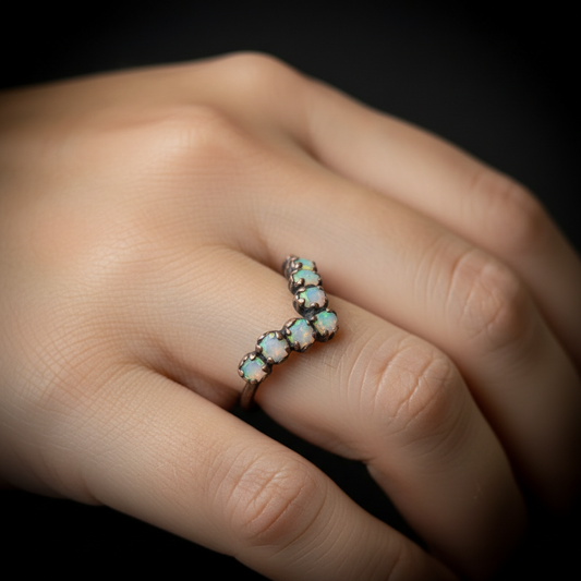 Raw Ethiopian opal chevron ring in antique copper worn on hand