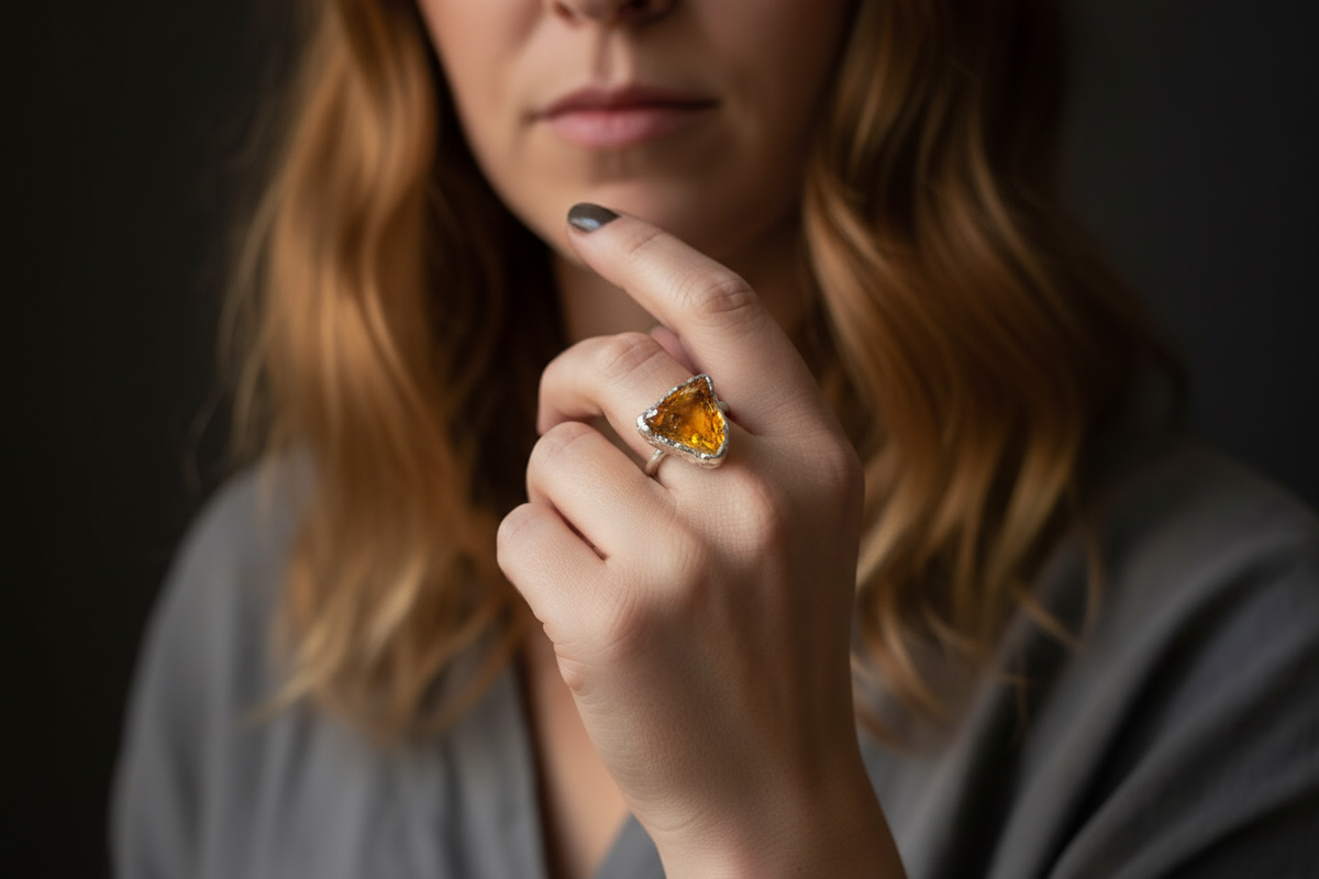 Brand model wearing raw citrine silver plated ring, hand near chin, moody cinematic background