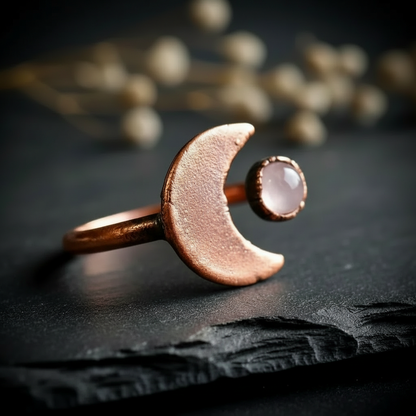 Rose quartz crescent moon ring electroformed copper three-quarter side angle on dark charcoal slate