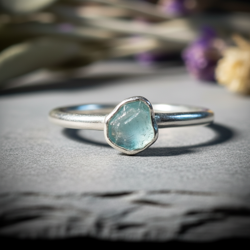 Dainty raw aquamarine stacking ring in silver plated electroformed copper, hero upright on light grey slate