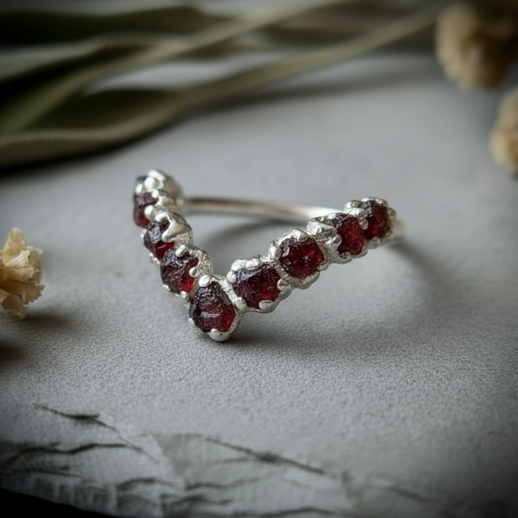 Raw garnet silver-plated chevron ring side angle on light grey slate