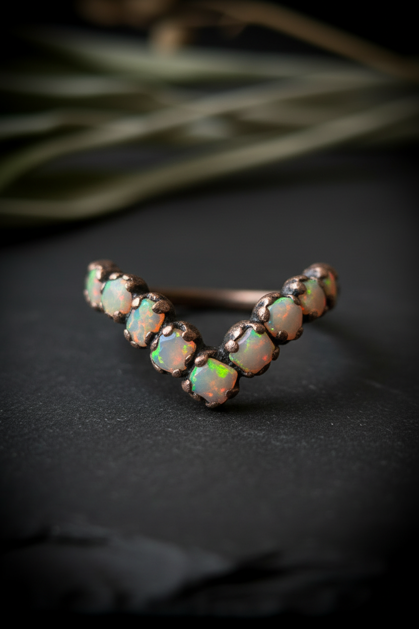 Raw Ethiopian opal chevron ring in antique copper electroformed finish moody dark background