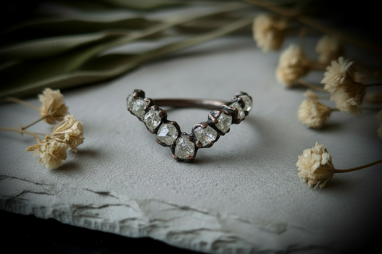 Raw clear quartz chevron ring wide hero flat-lay with dried botanicals surrounding the ring