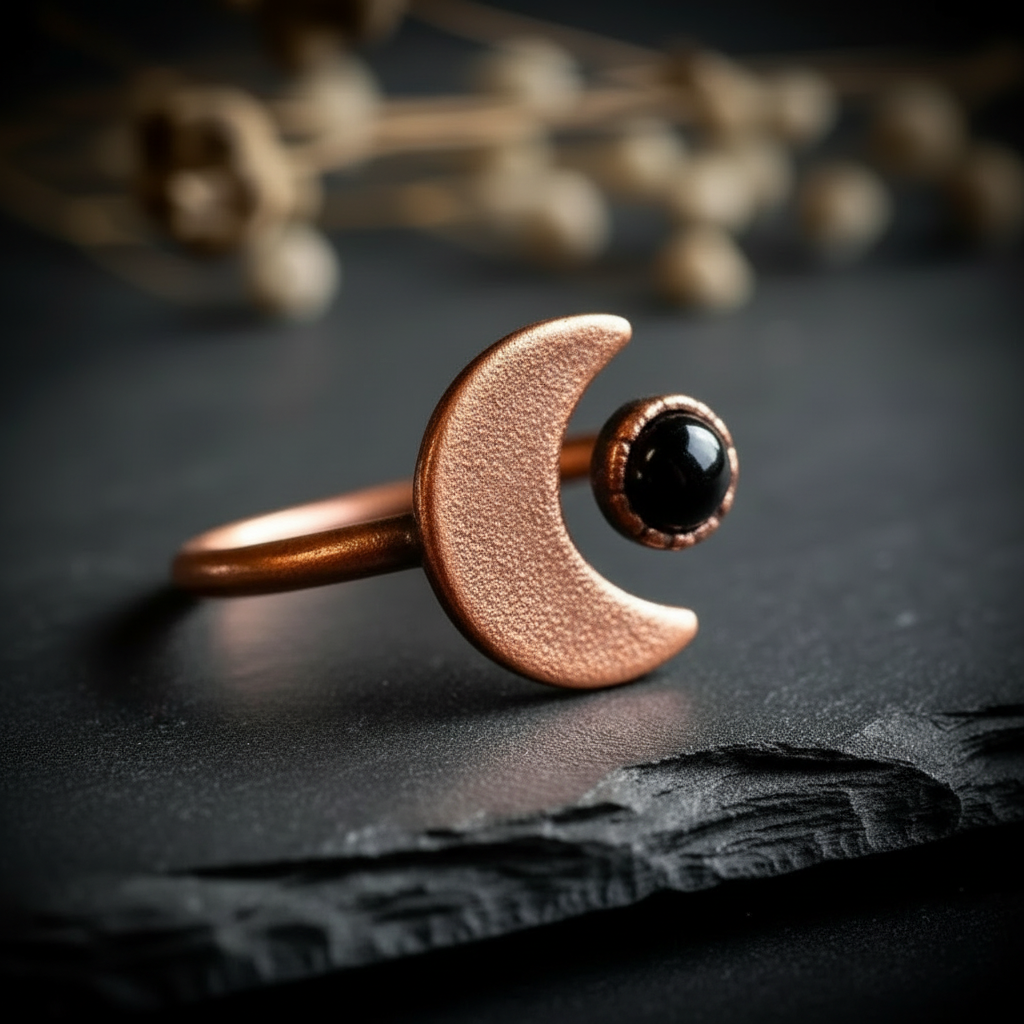 Black onyx crescent moon ring electroformed copper three-quarter side angle on dark charcoal slate