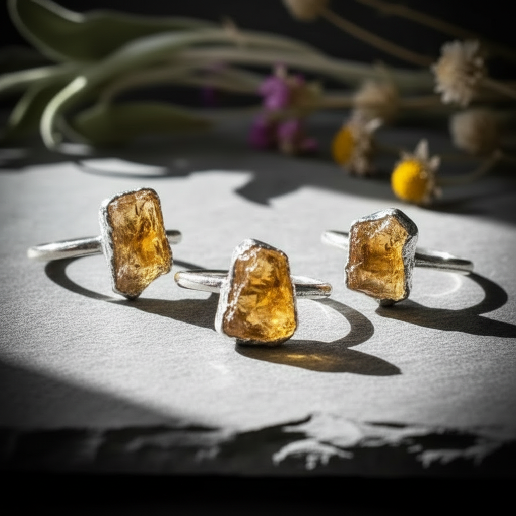 Three silver plated raw citrine rings on slate with dried wildflowers showing natural stone variation