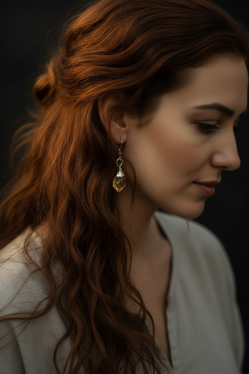 Brand model wearing silver plated raw citrine dangle earrings