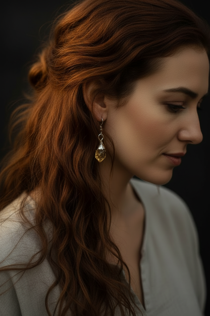 Brand model wearing silver plated raw citrine dangle earrings