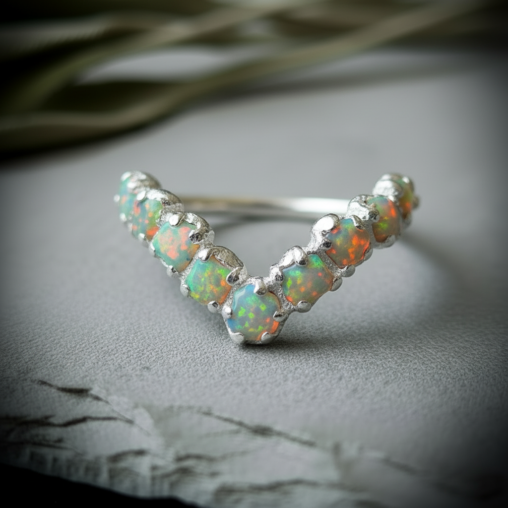Silver plated raw Ethiopian opal chevron ring on light grey slate