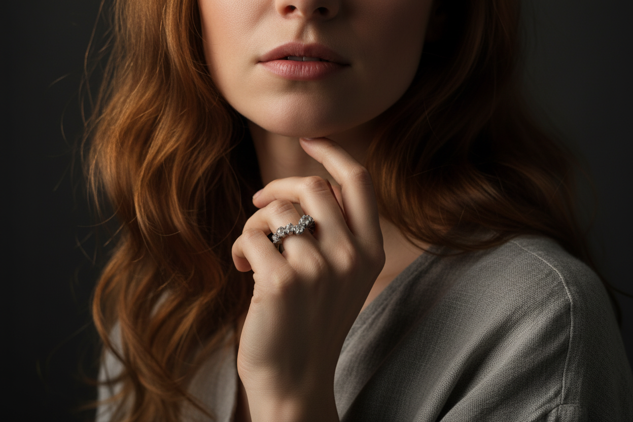 Raw clear quartz silver-plated chevron ring model shot