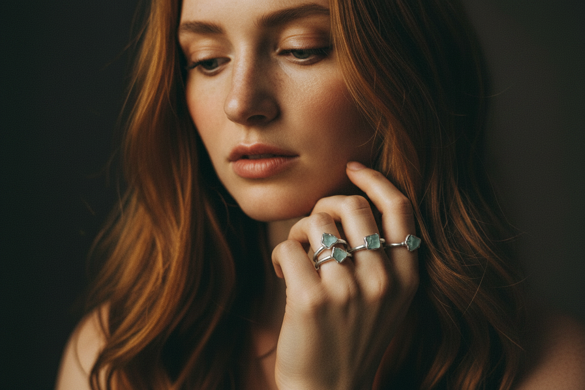 Brand model wearing multiple dainty raw aquamarine silver stacking rings, hand near chin, moody cinematic background
