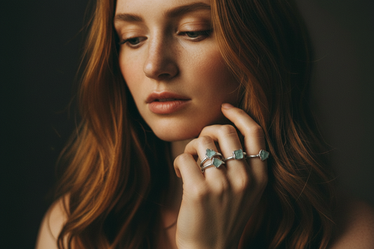 Brand model wearing multiple dainty raw aquamarine silver stacking rings, hand near chin, moody cinematic background