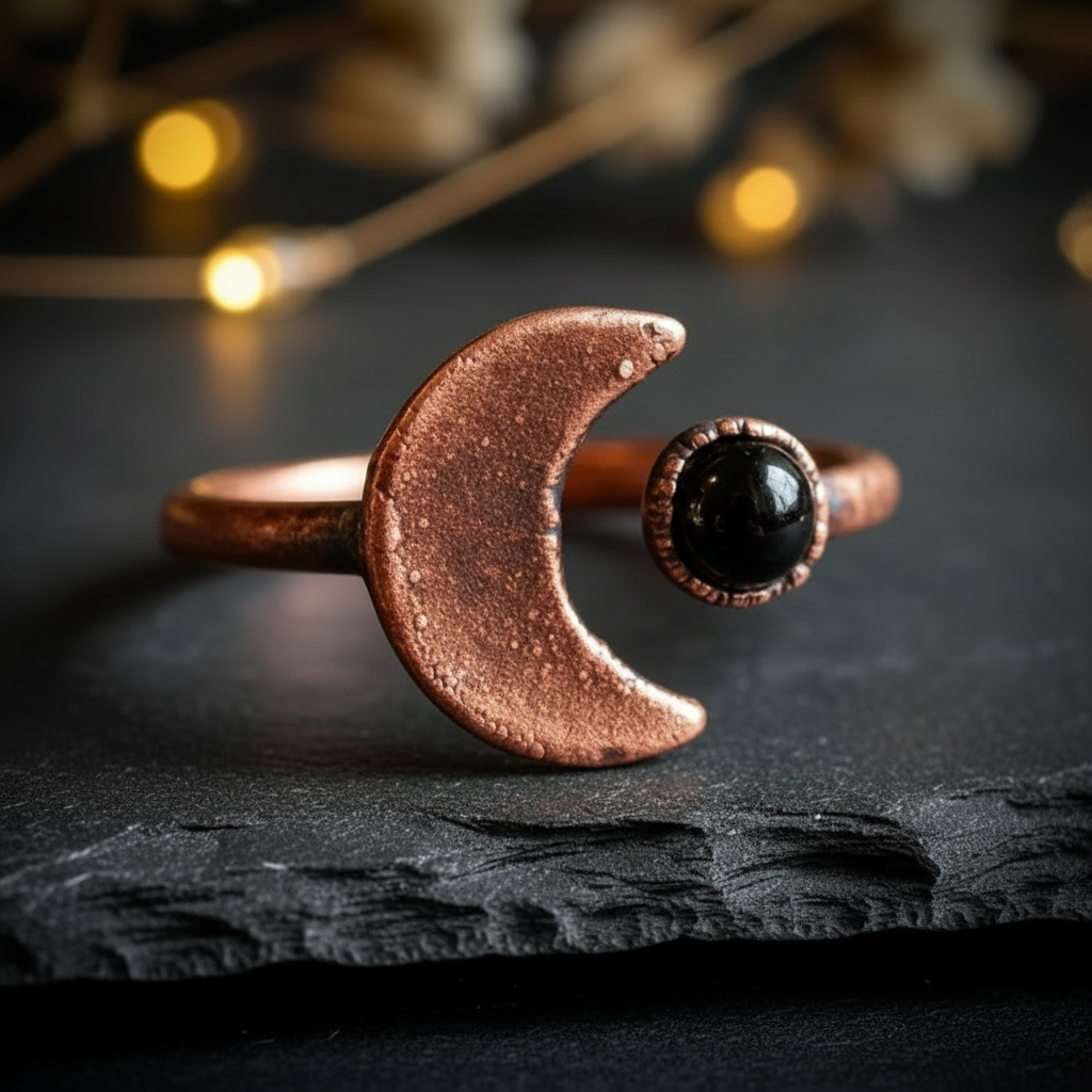 Black onyx crescent moon ring electroformed copper elevated angle on dark charcoal slate