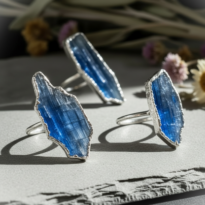 Three silver plated blue kyanite blade rings on slate with dried wildflowers