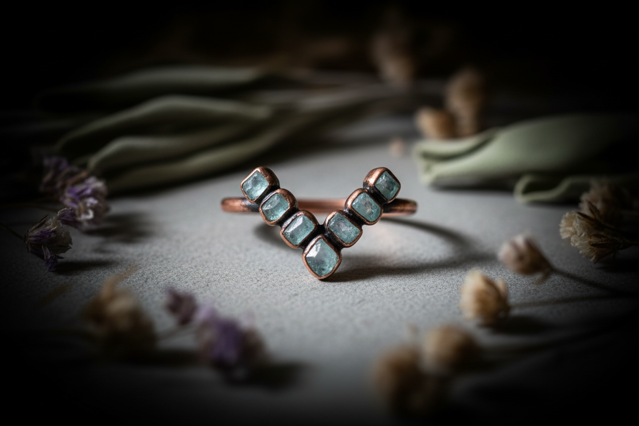 Raw aquamarine chevron ring wide hero flat-lay with dried botanicals surrounding the ring