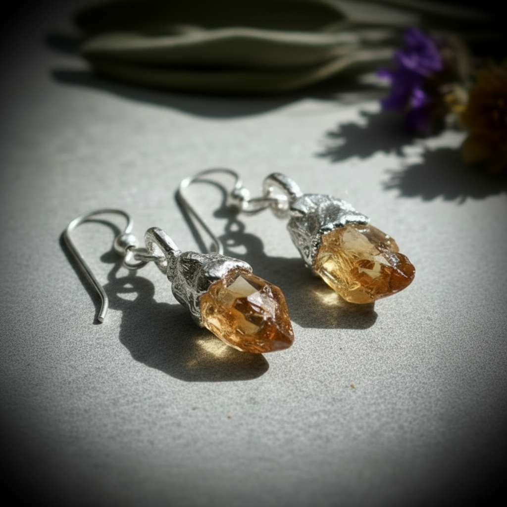 Silver plated raw citrine earrings flatlay on slate with botanicals