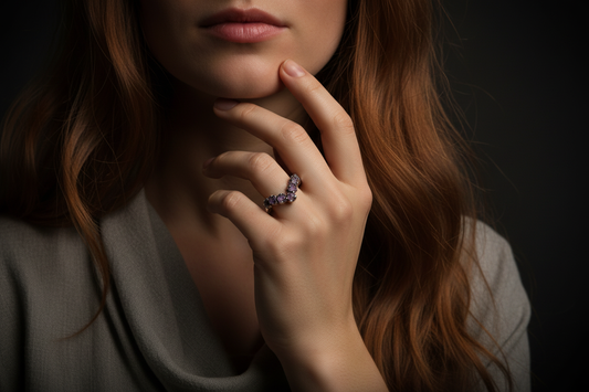 Raw amethyst silver-plated chevron ring model shot