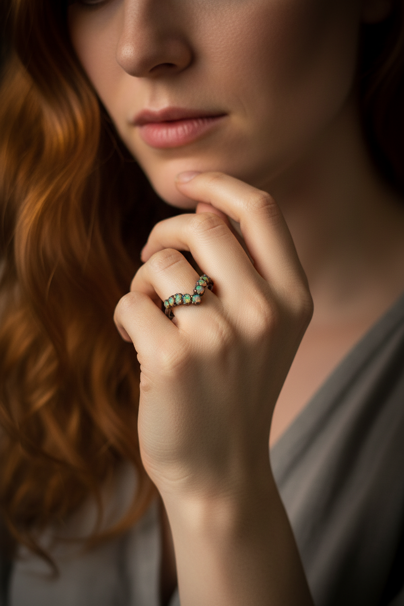 Raw Ethiopian opal chevron ring in antique copper worn by brand model