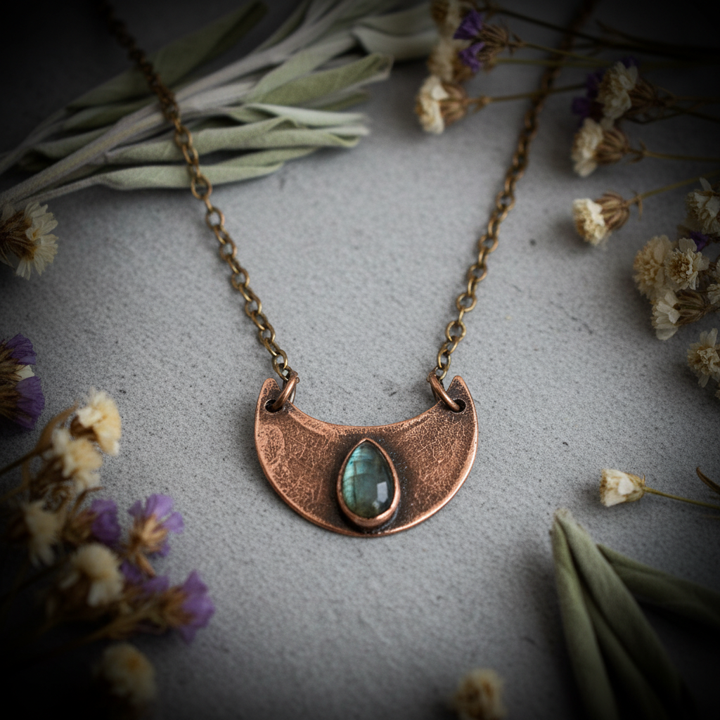 Labradorite Crescent Moon Necklace Bust Slate Background