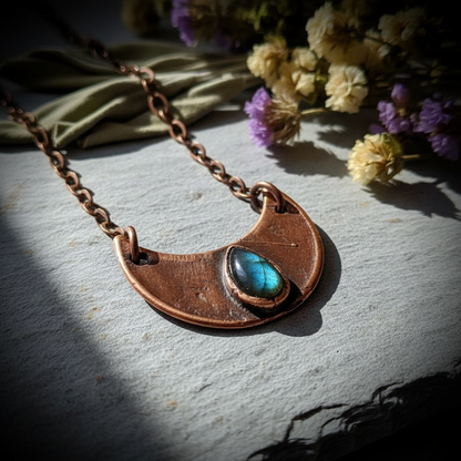 Labradorite Crescent Moon Necklace Hero Flat Lay