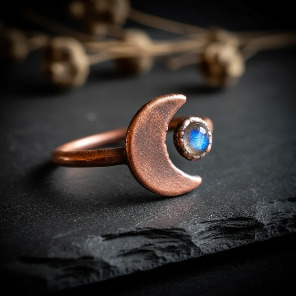Labradorite crescent moon ring three-quarter on dark charcoal slate