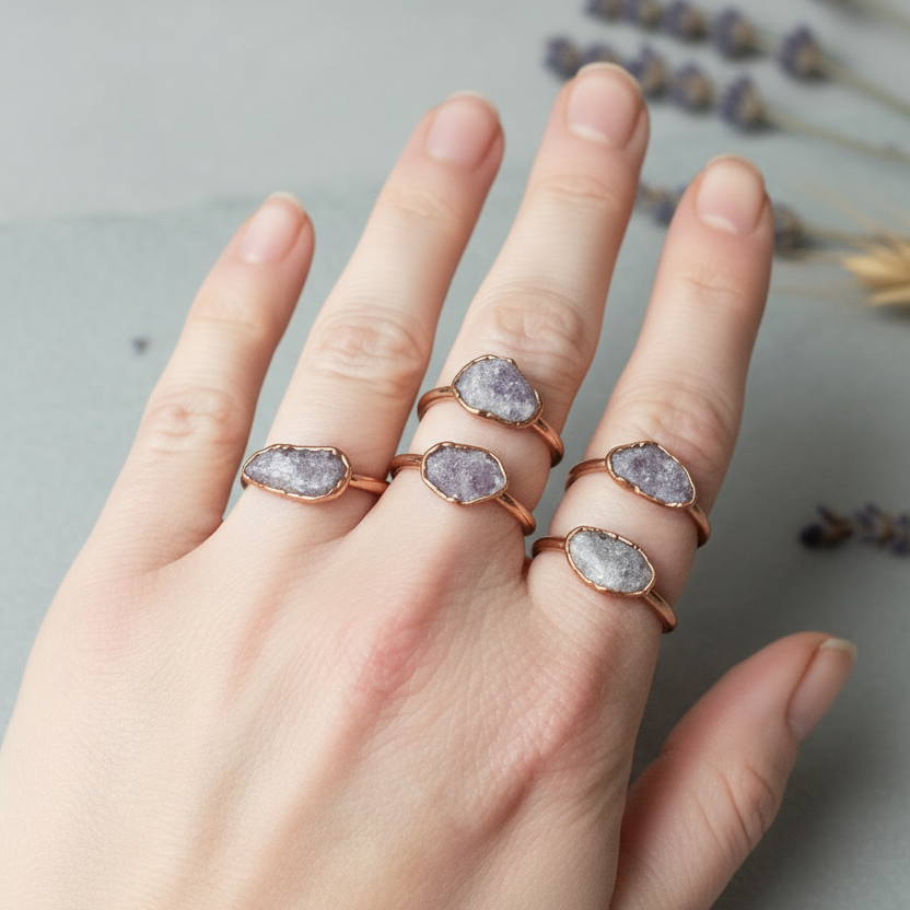 Lepidolite Rings Hand - Slate Surface