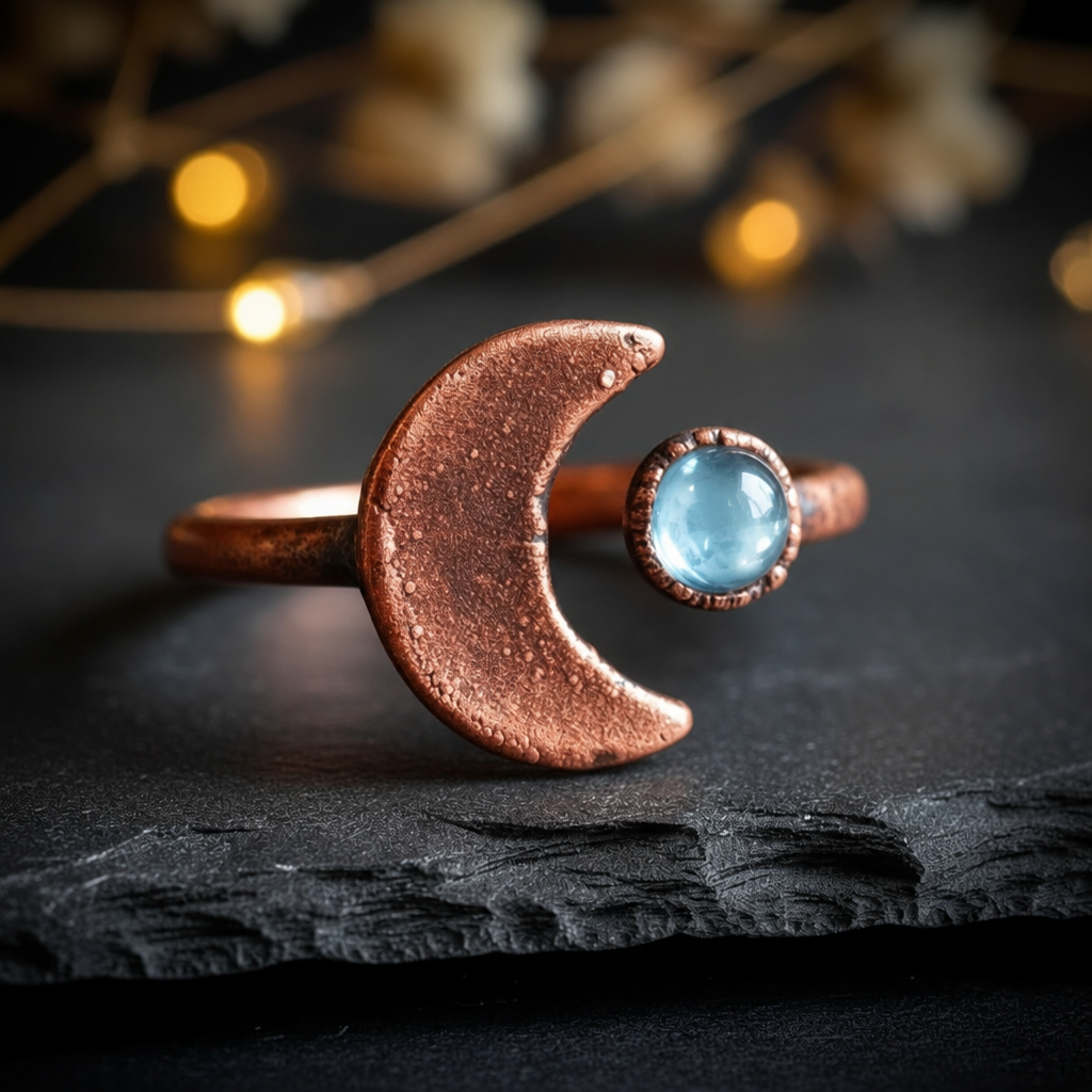 Light blue topaz crescent moon ring front view with bokeh