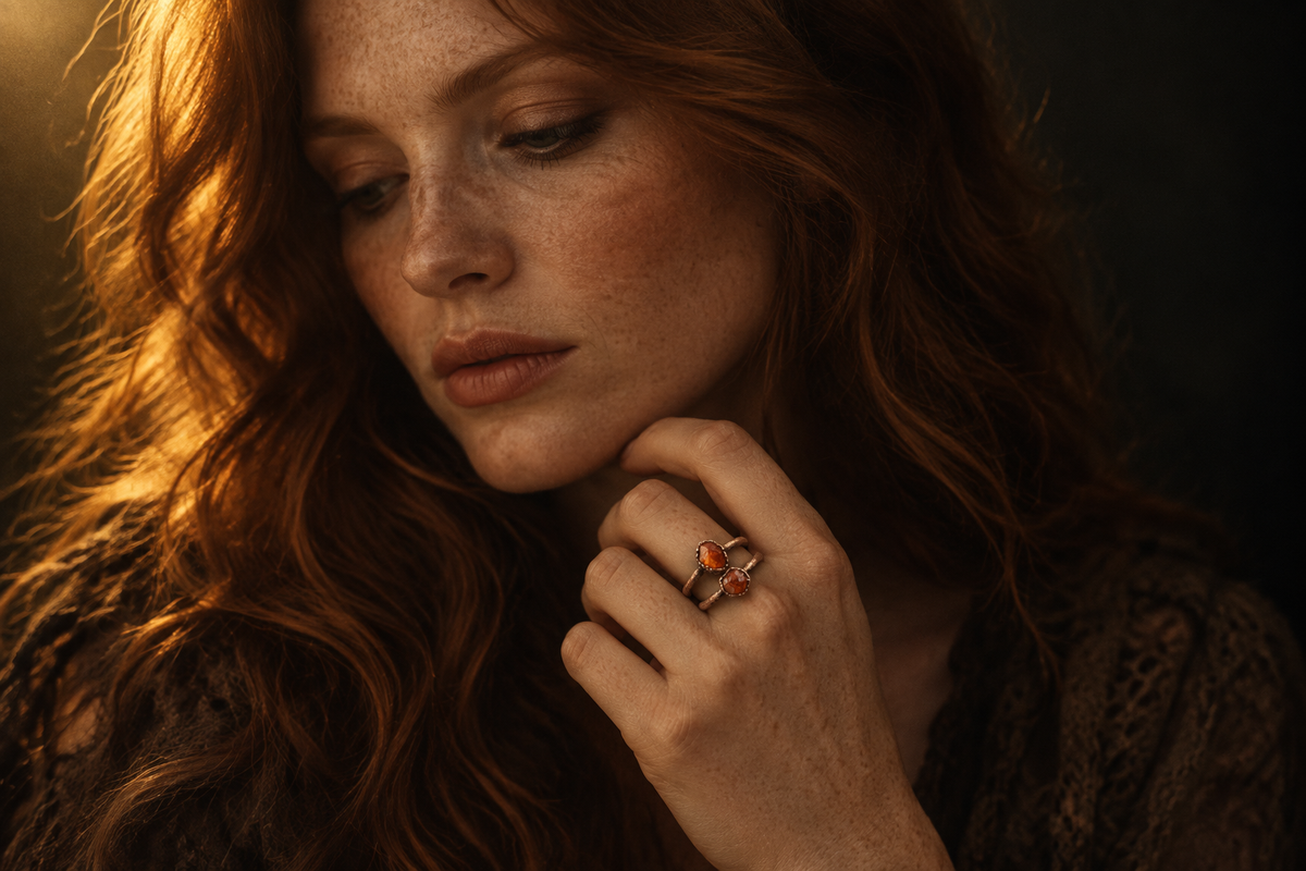 Model wearing spessartine garnet ring with correctly scaled, smaller stones