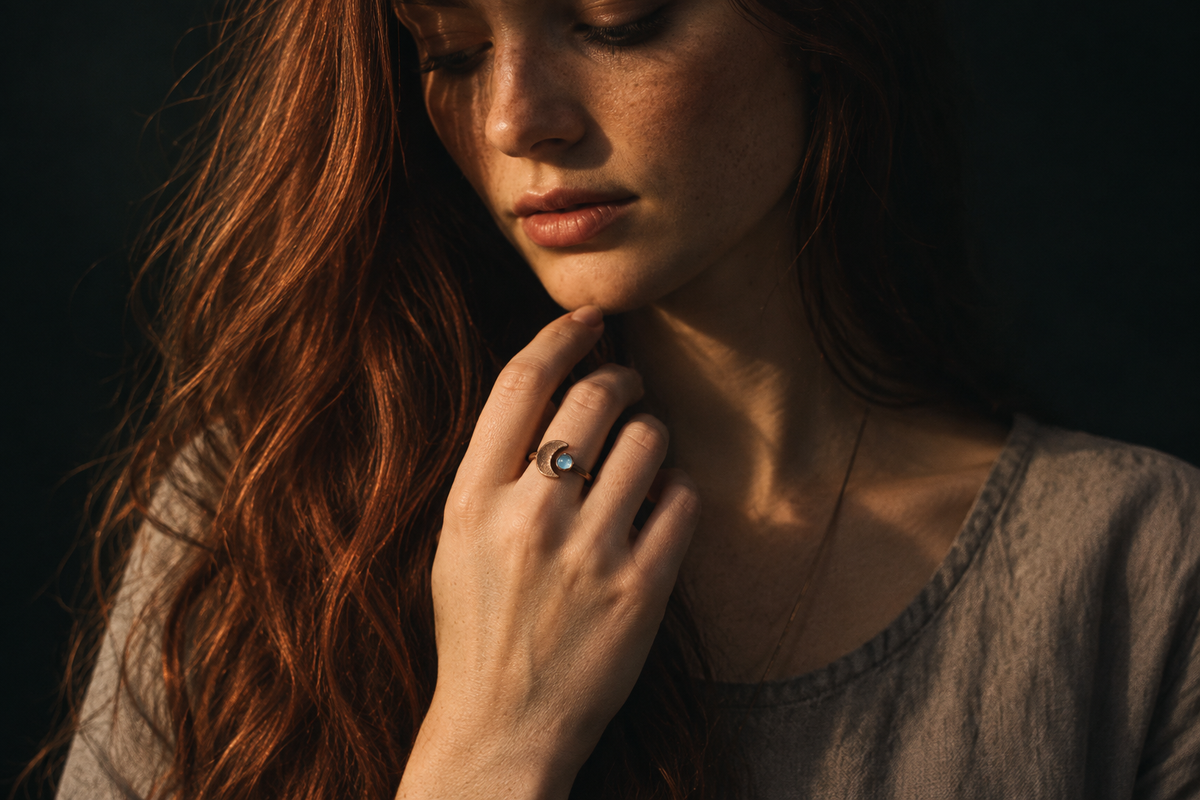 Model wearing the tiny light blue topaz crescent moon ring near her chin