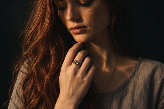 Model wearing the tiny light blue topaz crescent moon ring near her chin