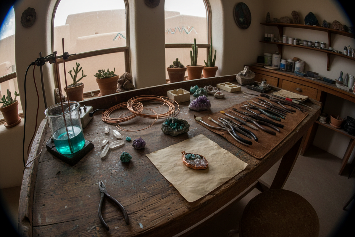 Moody, cinematic studio workspace of an artisan jeweler in Santa Fe, bathed in soft, diffused daylight. A wooden or clay-toned workbench with copper wire coils, crystal specimens, and a small electroforming setup — glass beaker, copper rods, solution bath with subtle metallic sheen. Include hand tools (pliers, brushes, tweezers) neatly arranged beside a half-finished copper crystal pendant on parchment. The lighting is warm but gentle, revealing texture in the copper and the raw stones without glare. Atmosp