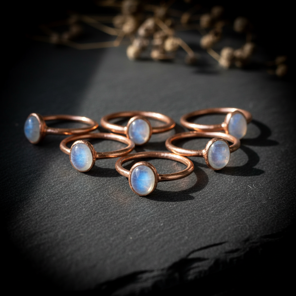 Moonstone rings cluster flat lay antique copper 1