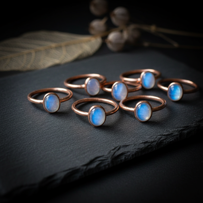 Moonstone rings cluster flat lay rose copper