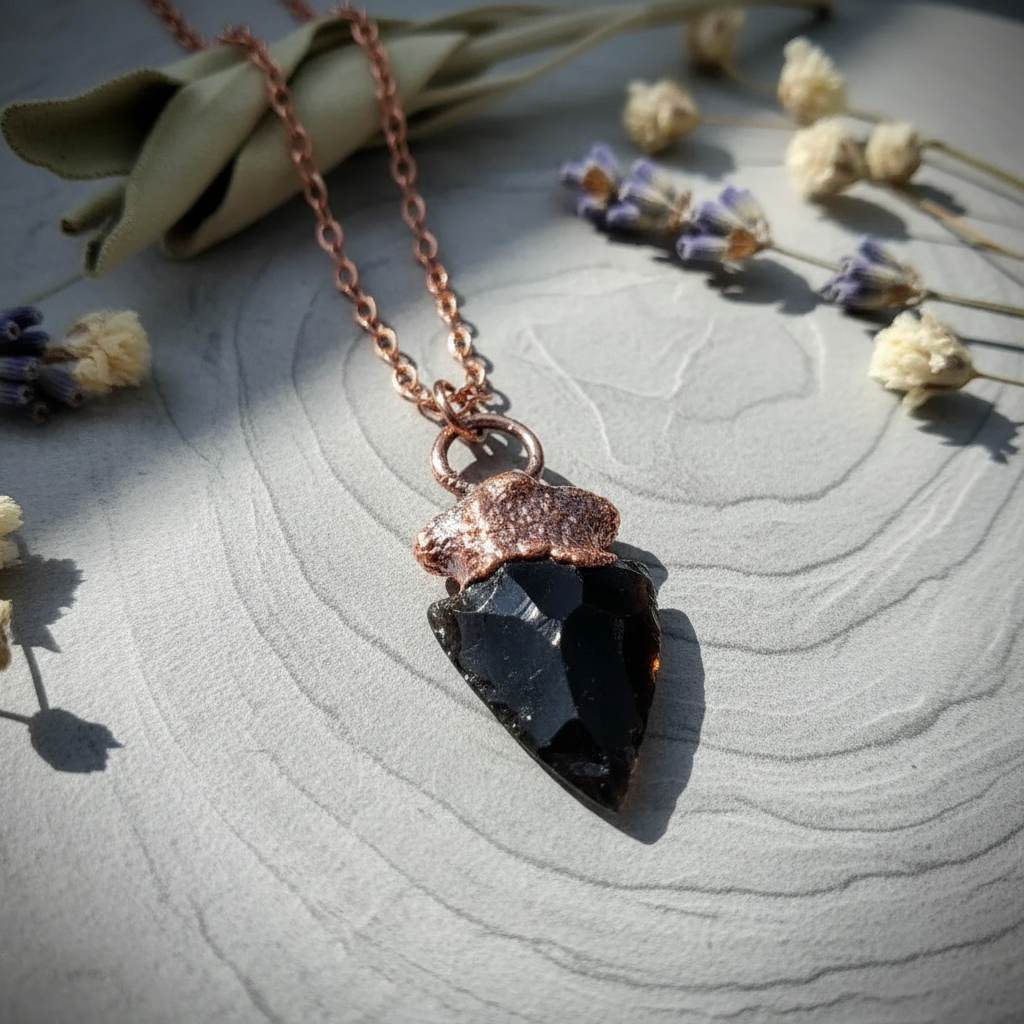 Obsidian Arrowhead Necklace Hero Flat Lay