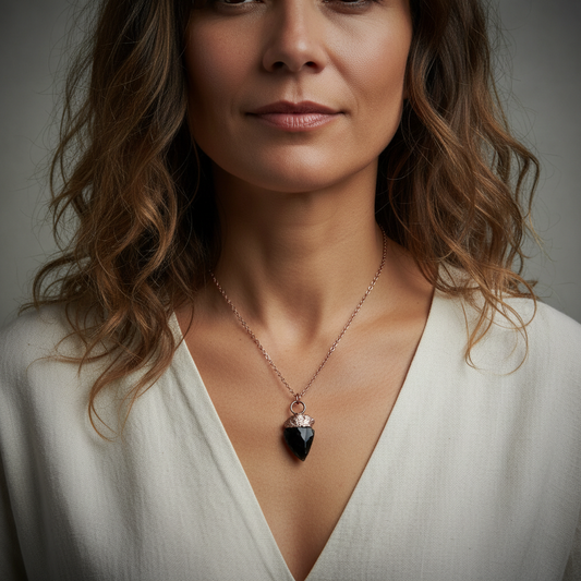 Obsidian Arrowhead Necklace Model Shot