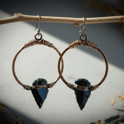 Obsidian Copper Hoop Earrings — Branch Scene Bright