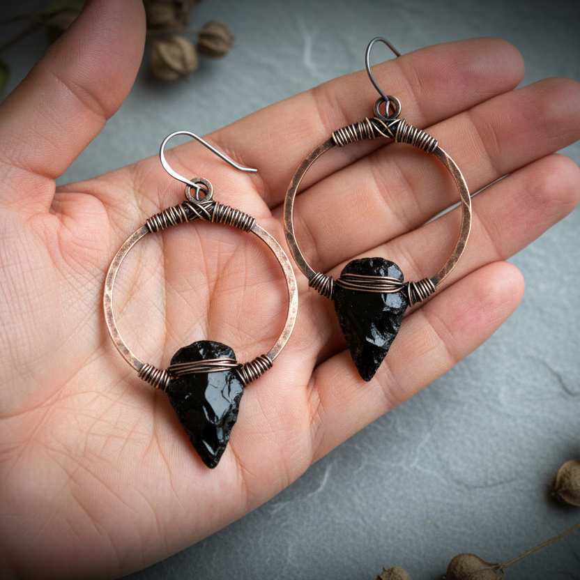 Obsidian Copper Hoop Earrings — Hand Shot Reworked
