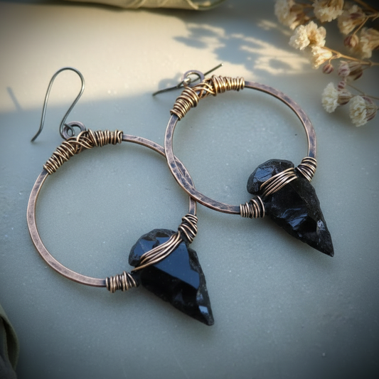 Obsidian Copper Hoop Earrings — Hero Fully Lit