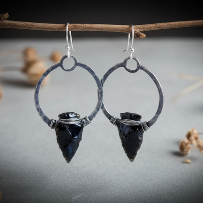 Obsidian Silver Hoop Earrings — Branch Scene