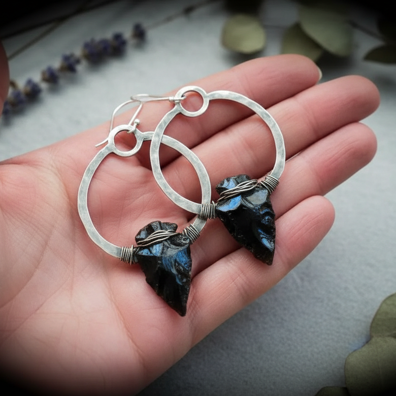 Obsidian Silver Hoop Earrings — Hand Shot