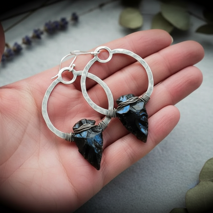 Obsidian Silver Hoop Earrings — Hand Shot