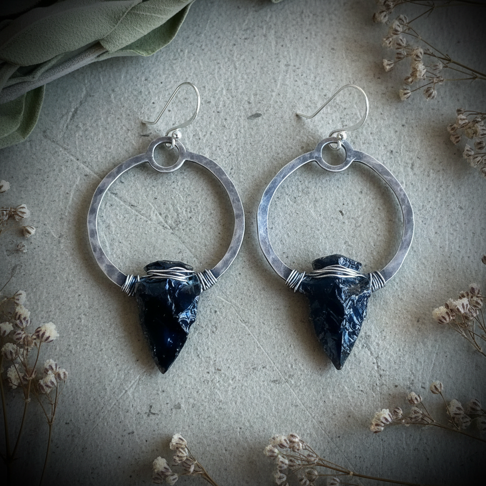 Obsidian Silver Hoop Earrings — Hero
