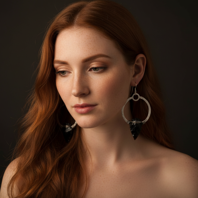 Obsidian Silver Hoop Earrings — Model Fresh Start