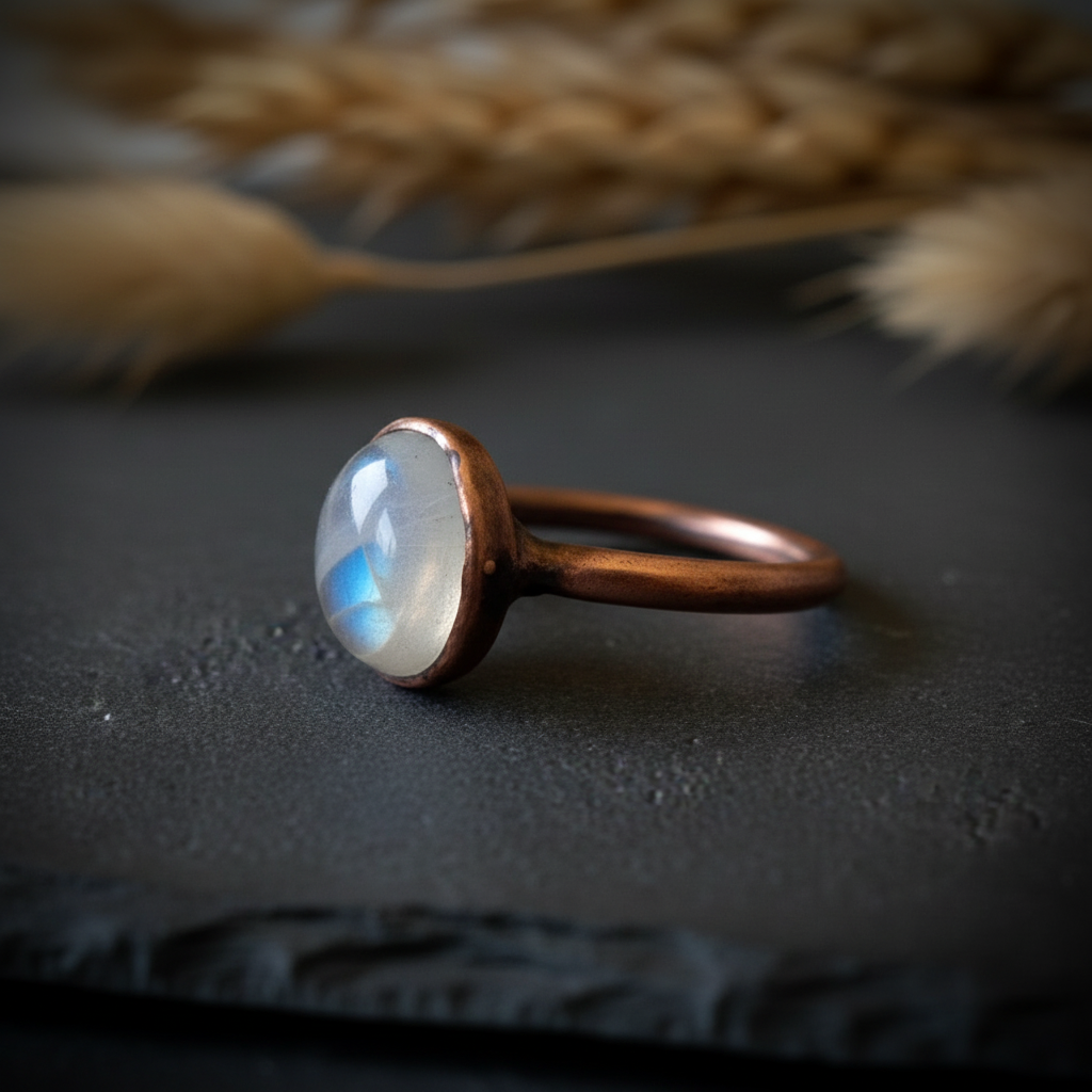 Oval moonstone low angle side profile on dark charcoal slate